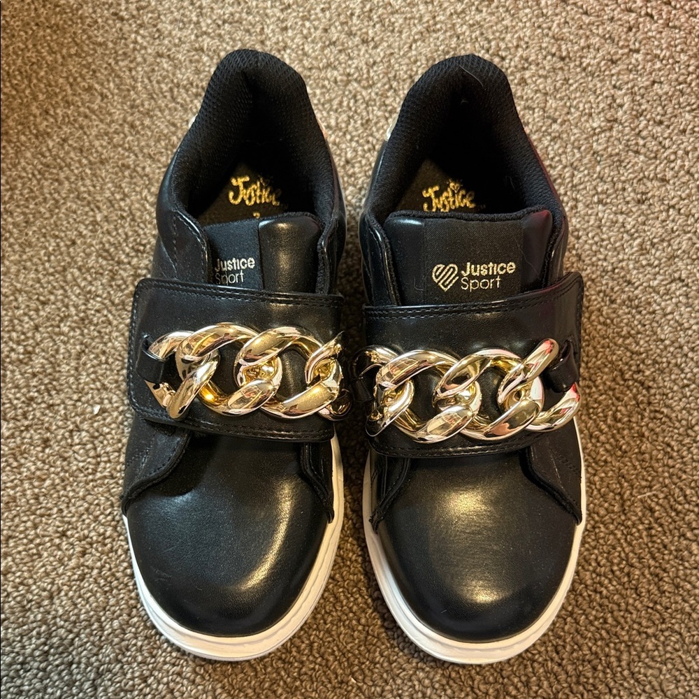 New Justice Black Sneakers with Gold Chain Accent